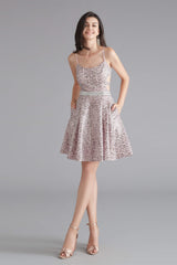 Prom Dresses With Slit, A-Line Pink Leopard Sequins Spaghetti Straps Cross Back Homecoming Dresses