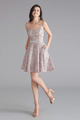Prom Dresses Black, A-Line Pink Leopard Sequins Spaghetti Straps Cross Back Homecoming Dresses