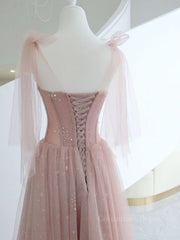 Prom Dresses Outfits Fall Casual, A-Line Pink Round Neck Tulle Long Prom Dresses, Pink Formal Evening Dress
