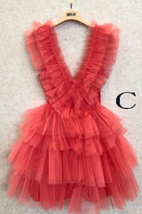 Party Dress Formal, A Line Pink V Neck Tiered Homecoming Dress,Tulle Short Prom Party Dresses