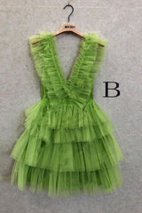 Party Dresses Formal, A Line Pink V Neck Tiered Homecoming Dress,Tulle Short Prom Party Dresses