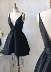 Bridesmaid Dress Cheap, A-line Plunge V Back Black Taffeta Short Mini Homecoming Dress