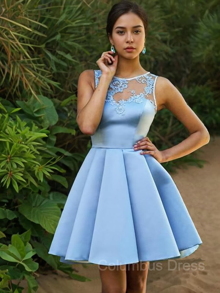 Bridesmaid Dresses Websites, A-Line/Princess Bateau Short/Mini Satin Homecoming Dresses With Appliques Lace