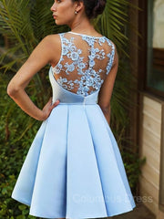 Bridesmaid Dress Website, A-Line/Princess Bateau Short/Mini Satin Homecoming Dresses With Appliques Lace