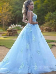 Formal Dresses Long Elegant Classy, A-Line/Princess Bateau Sweep Train Tulle Prom Dresses With Appliques Lace