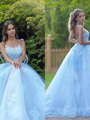 Formal Dresses Long Elegant Evening Gowns, A-Line/Princess Bateau Sweep Train Tulle Prom Dresses With Appliques Lace