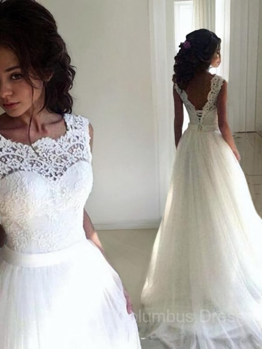 Wedding Dresses With Lace, A-Line/Princess Bateau Sweep Train Tulle Wedding Dresses With Belt/Sash