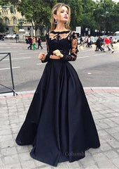 Prom Dressed A Line, A-Line/Princess Full/Long Sleeve Bateau Long/Floor-Length Satin Prom Dress With Appliqued