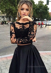 Prom Dress Different, A-Line/Princess Full/Long Sleeve Bateau Long/Floor-Length Satin Prom Dress With Appliqued