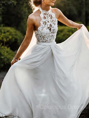 Wedding Dress Bridesmaids, A-Line/Princess Halter Floor-Length Chiffon Wedding Dresses With Lace