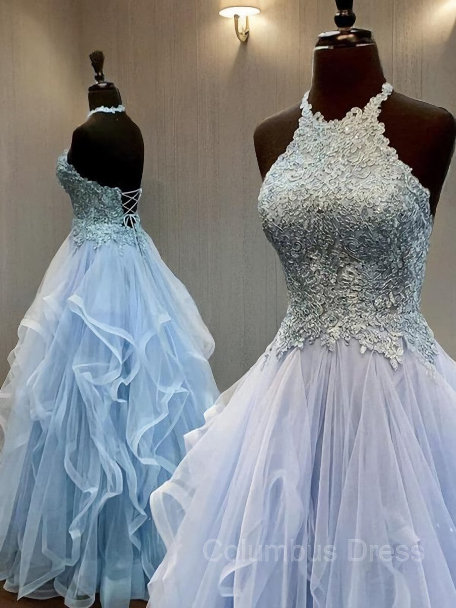 Bridesmaid Dress Formal, A-Line/Princess Halter Floor-Length Tulle Prom Dresses With Appliques Lace