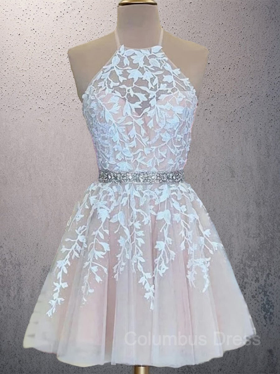 Prom Dresses Patterned, A-Line/Princess Halter Short/Mini Tulle Homecoming Dresses With Appliques Lace