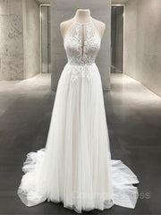 Wedding Dresses Sexy, A-Line/Princess Halter Sweep Train Tulle Wedding Dresses With Appliques Lace