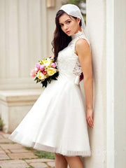Wedding Dress Lace Simple, A-Line/Princess High Neck Knee-Length Tulle Wedding Dresses