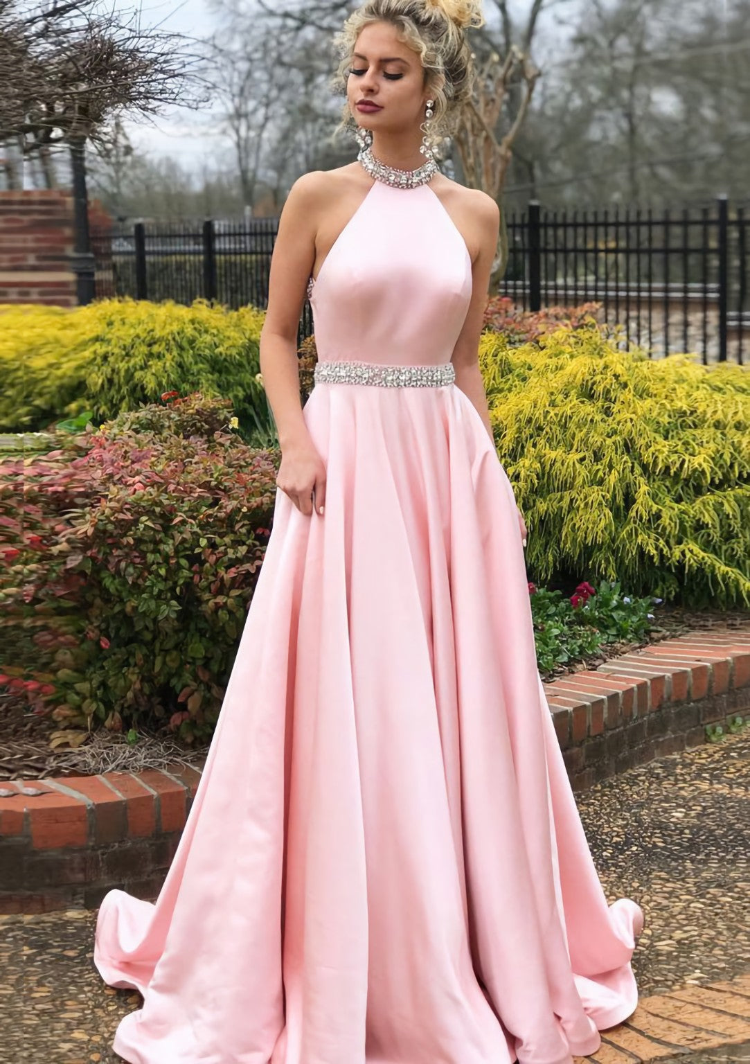 Party Dresses Style, A-line/Princess High-Neck Sleeveless Sweep Train Satin Prom Dress With Waistband Beading