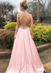Party Dresses Styles, A-line/Princess High-Neck Sleeveless Sweep Train Satin Prom Dress With Waistband Beading