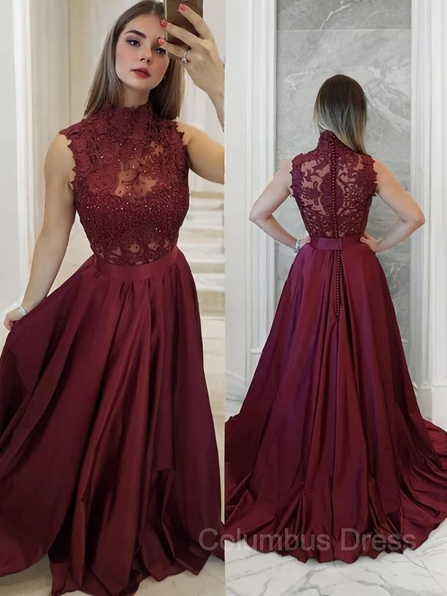 Prom Dress Trends 2047, A-Line/Princess High Neck Sweep Train Satin Prom Dresses With Appliques Lace