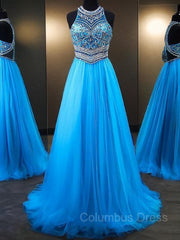 Bridesmaid Dress Champagne, A-Line/Princess Jewel Sweep Train Tulle Evening Dresses With Beading
