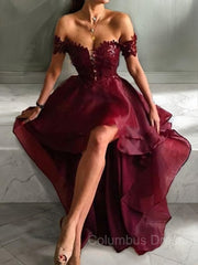 Bridesmaid Dress Uk, A-Line/Princess Off-the-Shoulder Asymmetrical Organza Evening Dresses With Appliques Lace