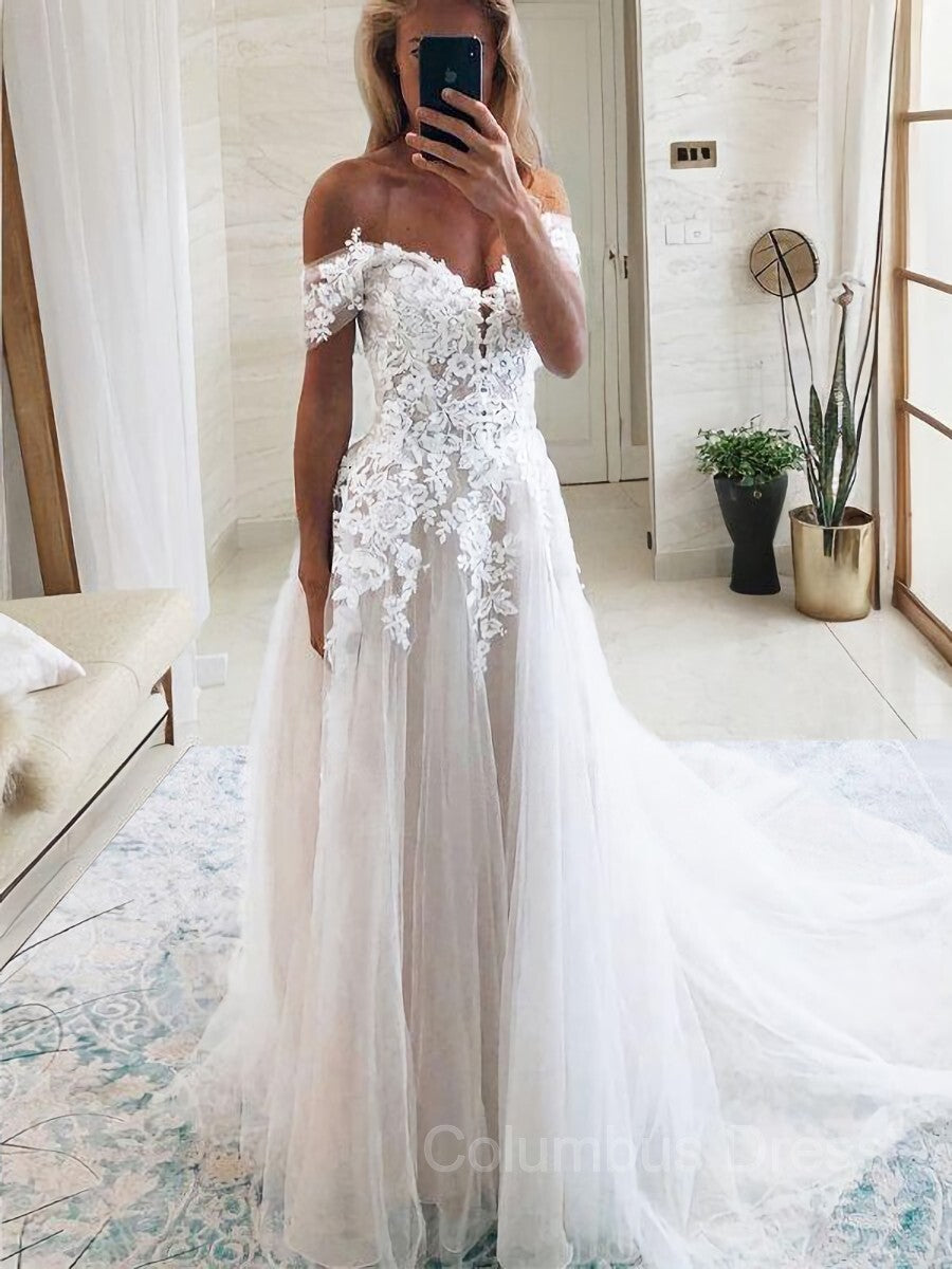 Wedding Dress Princess, A-Line/Princess Off-the-Shoulder Cathedral Train Tulle Wedding Dresses With Appliques Lace
