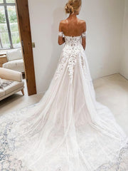 Wedding Dress On A Budget, A-Line/Princess Off-the-Shoulder Cathedral Train Tulle Wedding Dresses With Appliques Lace