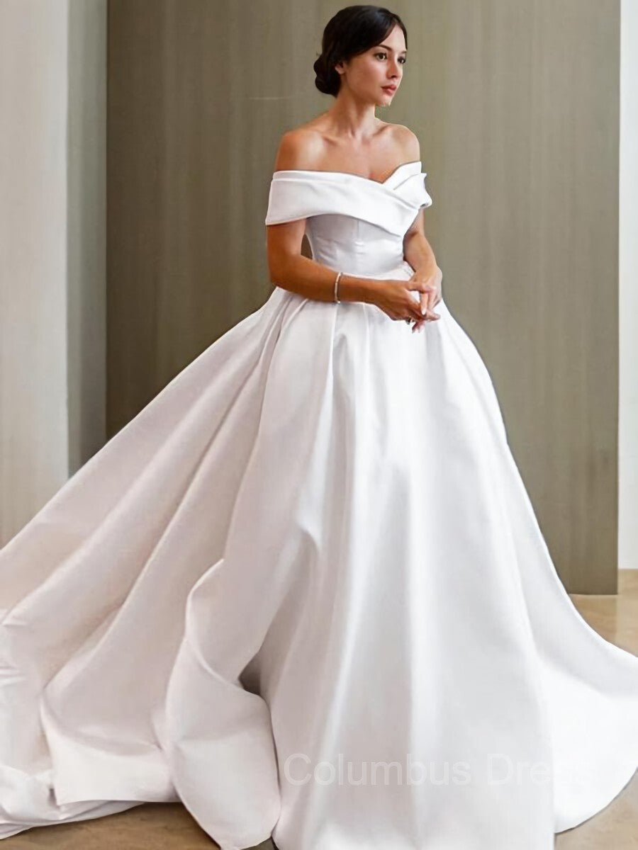 Wedding Dress For Sale, A-Line/Princess Off-the-Shoulder Chapel Train Satin Wedding Dresses