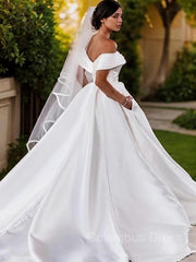 Wedding Dresses Tulle, A-Line/Princess Off-the-Shoulder Chapel Train Satin Wedding Dresses