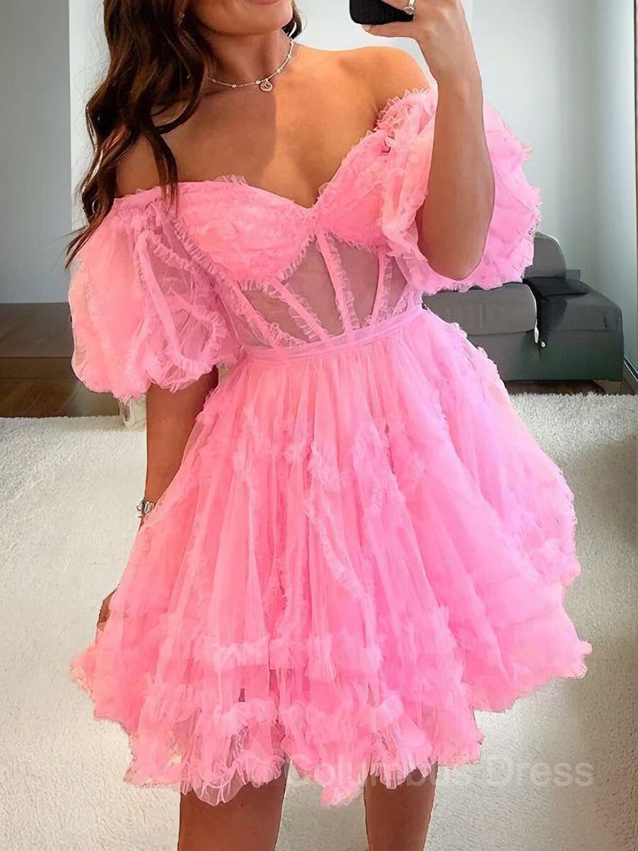 Vintage Prom Dress, A-Line/Princess Off-the-Shoulder Corset Short/Mini Tulle Homecoming Dresses With Ruffles