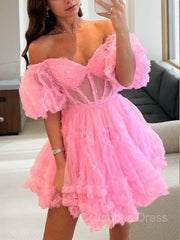 Fancy Dress, A-Line/Princess Off-the-Shoulder Corset Short/Mini Tulle Homecoming Dresses With Ruffles