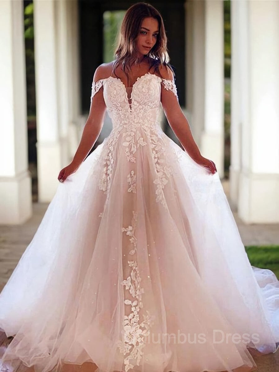 Wedding Dresses Nearby, A-Line/Princess Off-the-Shoulder Court Train Tulle Wedding Dresses