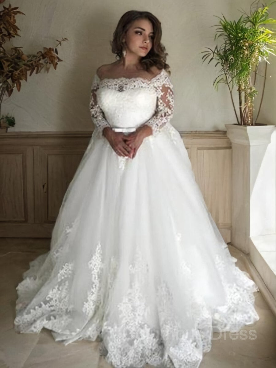 Wedding Dress For Bridesmaid, A-Line/Princess Off-the-Shoulder Court Train Tulle Wedding Dresses With Belt/Sash