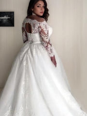 Wedding Dresses Designs, A-Line/Princess Off-the-Shoulder Court Train Tulle Wedding Dresses With Belt/Sash