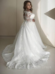 Wedding Dresses Design, A-Line/Princess Off-the-Shoulder Court Train Tulle Wedding Dresses With Belt/Sash