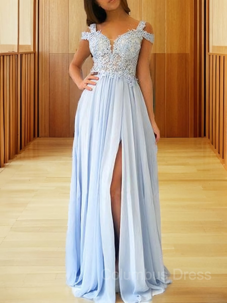 Bridesmaid Dresses Champagne, A-Line/Princess Off-the-Shoulder Floor-Length Chiffon Prom Dresses With Leg Slit