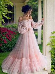 Party Dresses Long, A-Line/Princess Off-the-Shoulder Floor-Length Tulle Prom Dresses With Appliques Lace