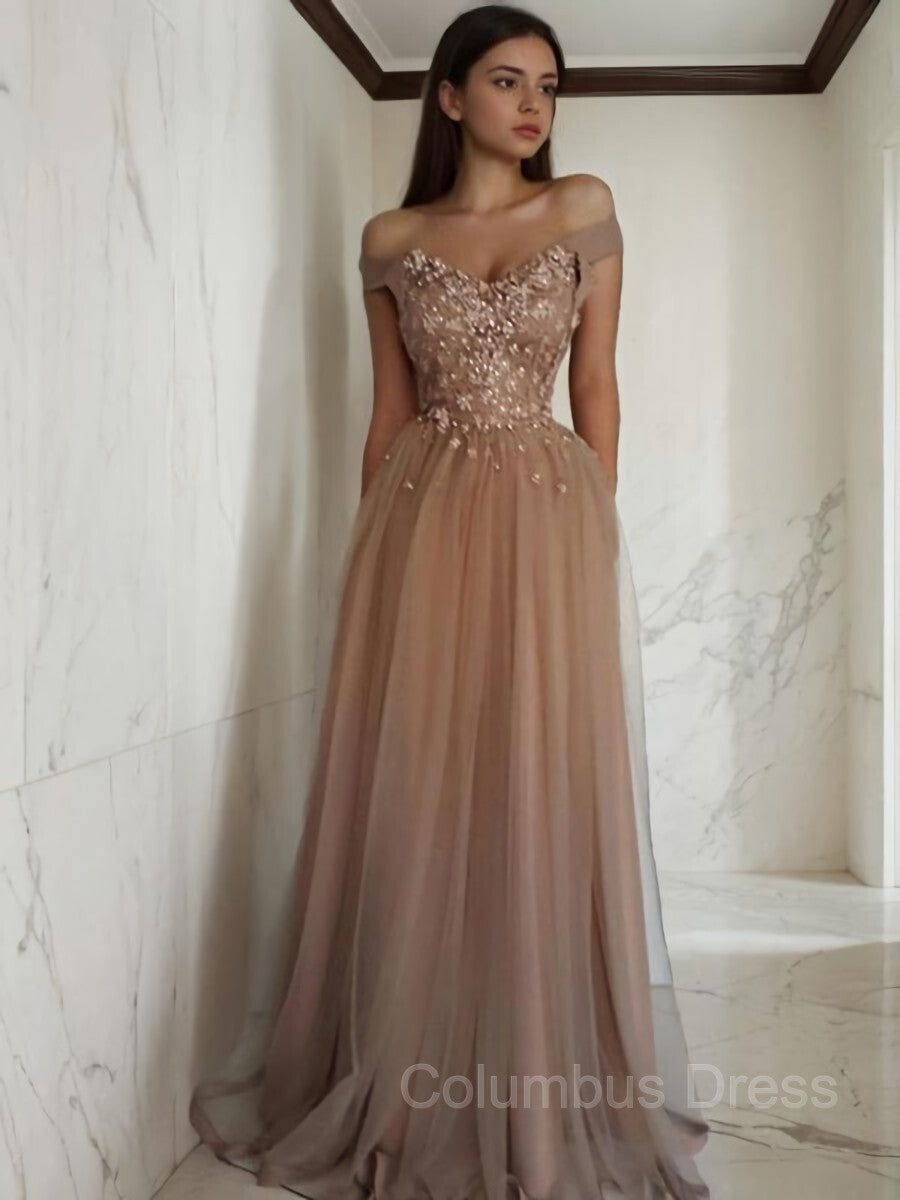 Prom Dressed Ball Gown, A-Line/Princess Off-the-Shoulder Floor-Length Tulle Prom Dresses With Flower