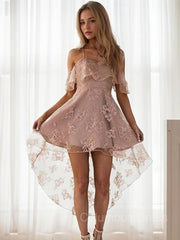 Bridesmaids Dress Cheap, A-Line/Princess Off-the-Shoulder Short/Mini Lace Homecoming Dresses