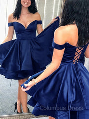 Bridesmaids Dresses Colorful, A-Line/Princess Off-the-Shoulder Short/Mini Satin Homecoming Dresses With Cascading Ruffles