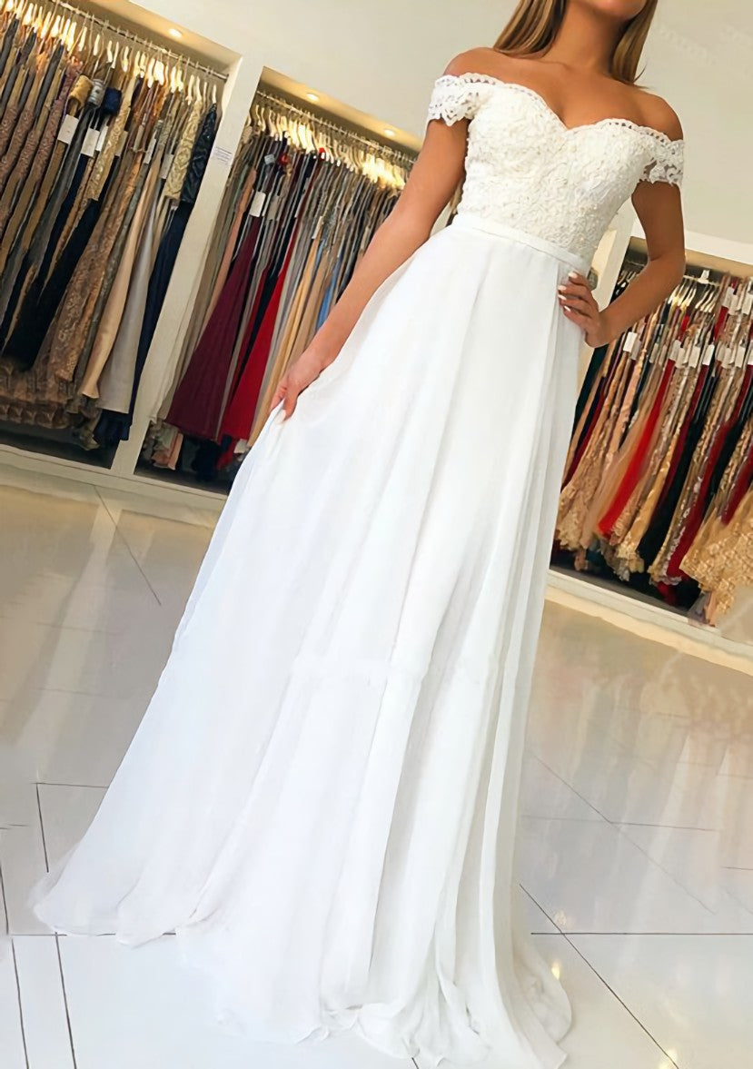 Dinner Dress, A-line/Princess Off-the-Shoulder Short Sleeve Sweep Train Chiffon Prom Dress With Beading Appliqued