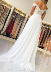 Mermaid Prom Dress, A-line/Princess Off-the-Shoulder Short Sleeve Sweep Train Chiffon Prom Dress With Beading Appliqued
