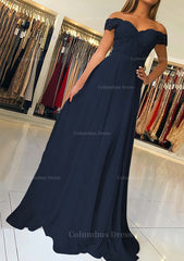 Satin Prom Dress, A-line/Princess Off-the-Shoulder Short Sleeve Sweep Train Chiffon Prom Dress With Beading Appliqued