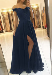 Evening Dresses Sale, A-line/Princess Off-the-Shoulder Sleeveless Long/Floor-Length Chiffon Prom Dress With Beading Split