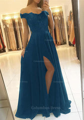 Evening Dress For Sale, A-line/Princess Off-the-Shoulder Sleeveless Long/Floor-Length Chiffon Prom Dress With Beading Split