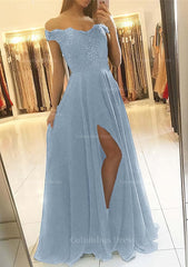 Evening Dresses For Sale, A-line/Princess Off-the-Shoulder Sleeveless Long/Floor-Length Chiffon Prom Dress With Beading Split