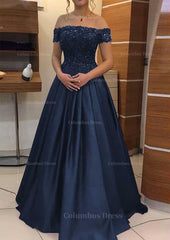 Prom Dresses Princesses, A-line/Princess Off-the-Shoulder Sleeveless Long/Floor-Length Elastic Satin Prom Dress With Lace Pleated