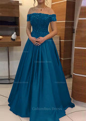 Prom Dresse Princess, A-line/Princess Off-the-Shoulder Sleeveless Long/Floor-Length Elastic Satin Prom Dress With Lace Pleated