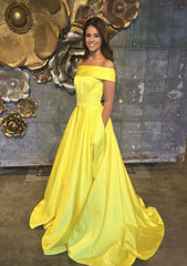 Party Dresses On Sale, A-line/Princess Off-the-Shoulder Sleeveless Sweep Train Satin Prom Dress With Low Back