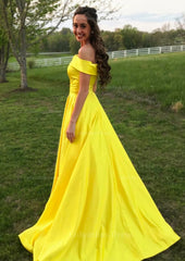 Party Dress On Sale, A-line/Princess Off-the-Shoulder Sleeveless Sweep Train Satin Prom Dress With Low Back