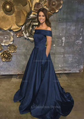 Party Dresses Formal, A-line/Princess Off-the-Shoulder Sleeveless Sweep Train Satin Prom Dress With Low Back