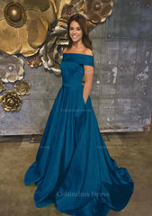 Party Dress Formal, A-line/Princess Off-the-Shoulder Sleeveless Sweep Train Satin Prom Dress With Low Back